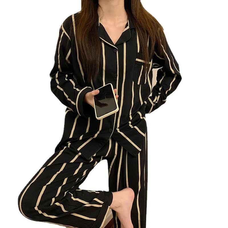 Light Luxury Ice Silk Pajamas Women's Pajama Spring Autumn Black Vertical Stripes Style Long Sleeve Home Nightwear Set