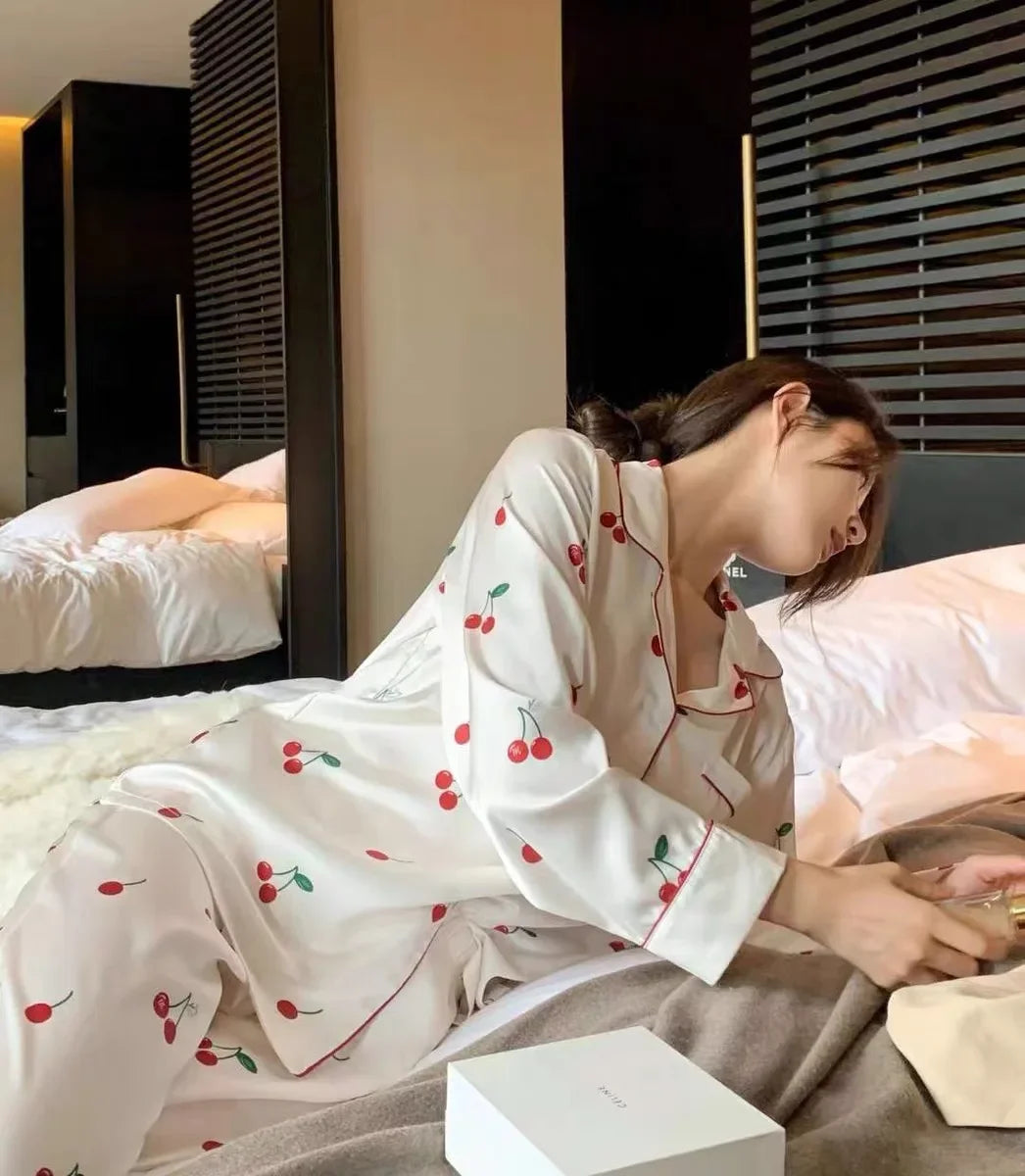 2026 Spring Autumn New Ice Silk 2 Pieces Pajamas for Women