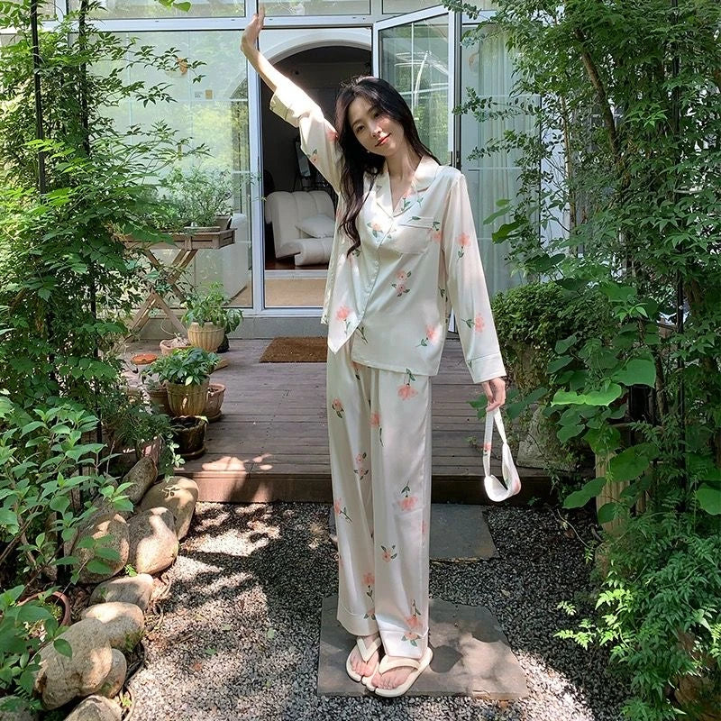 2023 Spring Autumn New Ice Silk 2 Pieces Pajamas for Women Fashion Cardigan Women's Pajamas Sweet Printing Loungewear Women Set