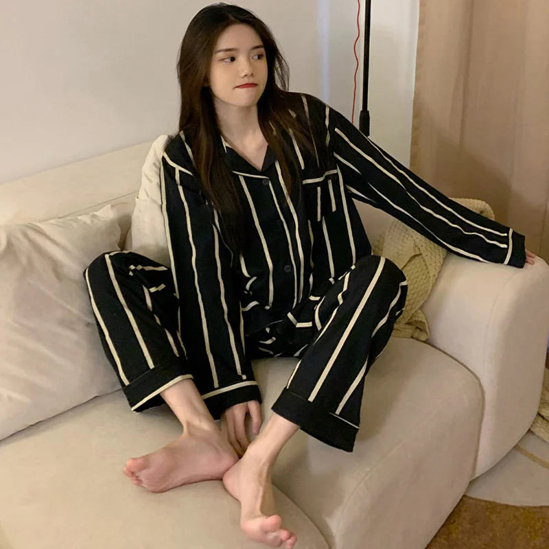 Light Luxury Ice Silk Pajamas Women's Pajama Spring Autumn Black Vertical Stripes Style Long Sleeve Home Nightwear Set