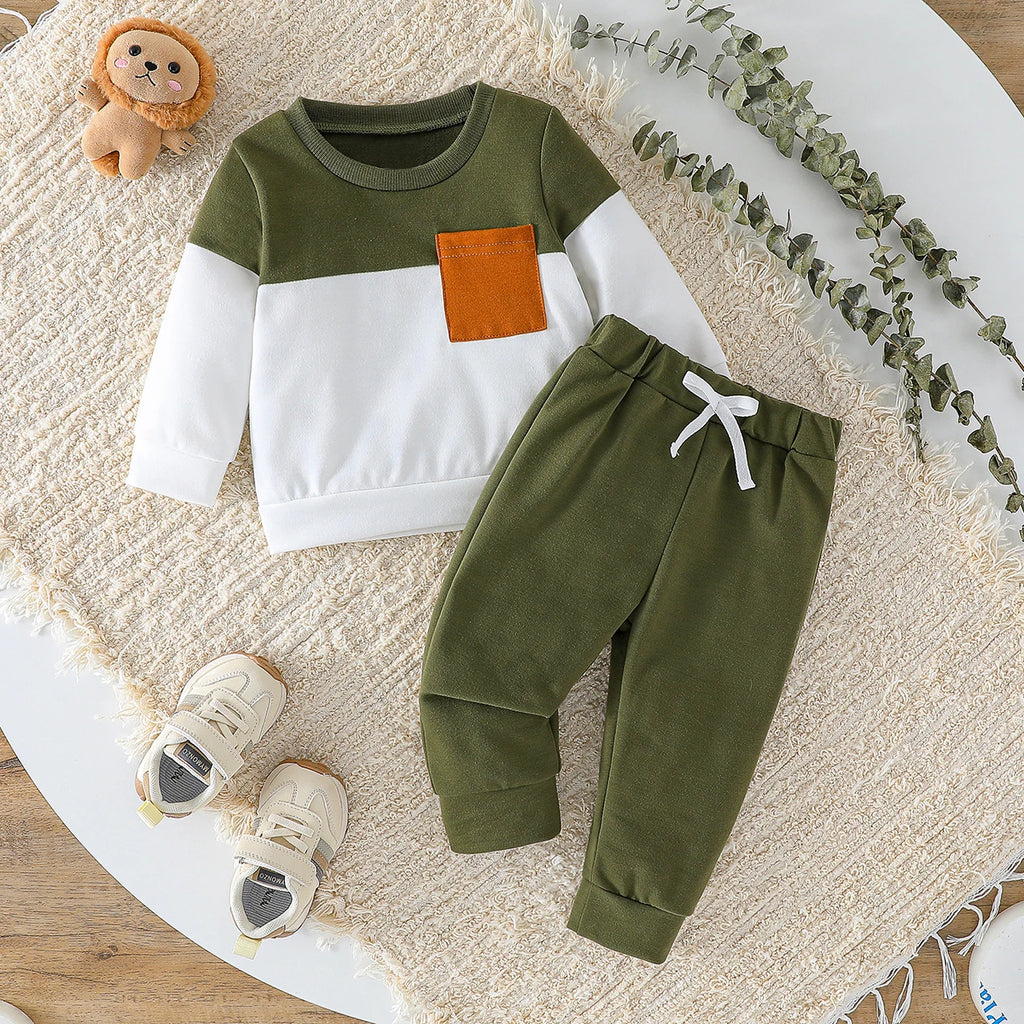 2025 All Seasons Children Clothes Patchwork Kids Boys Two-Piece Set Long Sleeve Pullover Tops Pants Outfits Pants With Bow  1-3Y