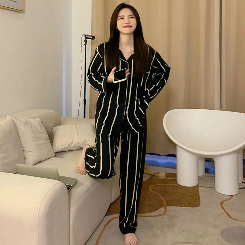 Light Luxury Ice Silk Pajamas Women's Pajama Spring Autumn Black Vertical Stripes Style Long Sleeve Home Nightwear Set