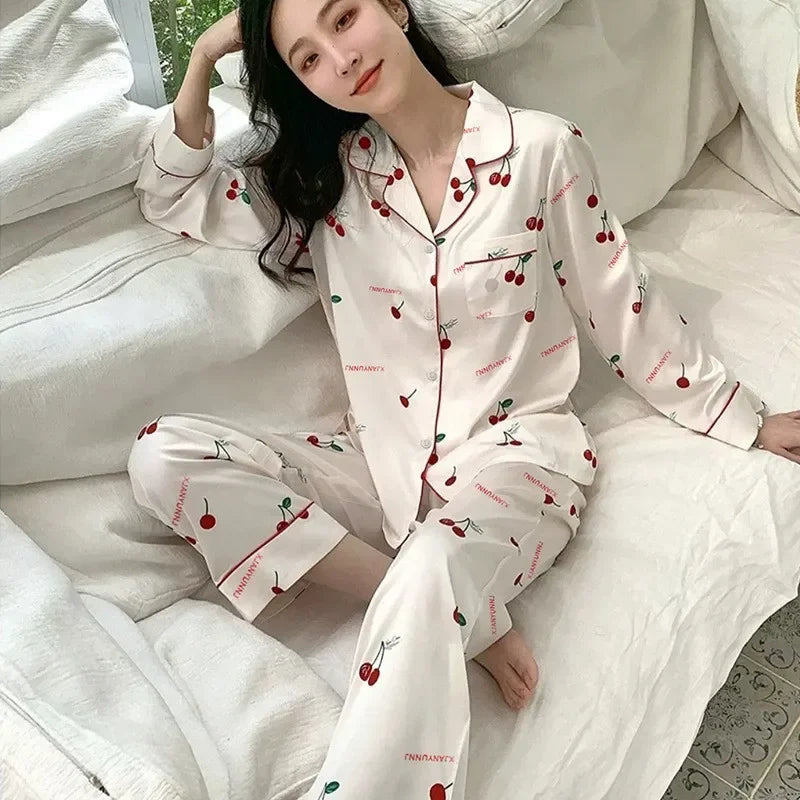 Chic Ice Silk Pajama Set - Long Sleeve Lace Casual Wear