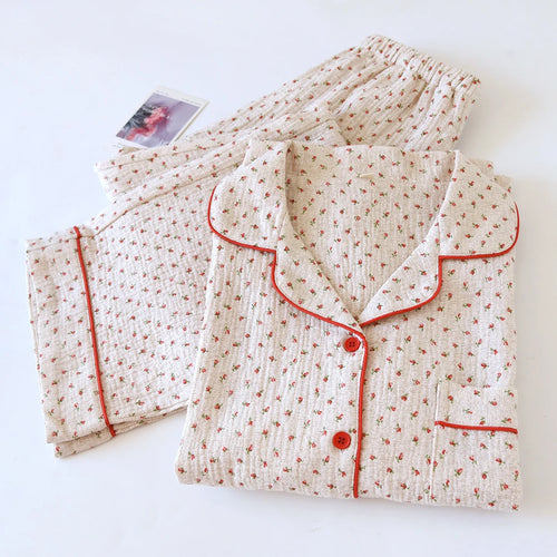 100% Cotton Gauze Women Pajamas 2026 New Spring/Autumn Sleepwear Female 2 Piece Set Nightwear Floral print Lady Pyjamas Loungewe