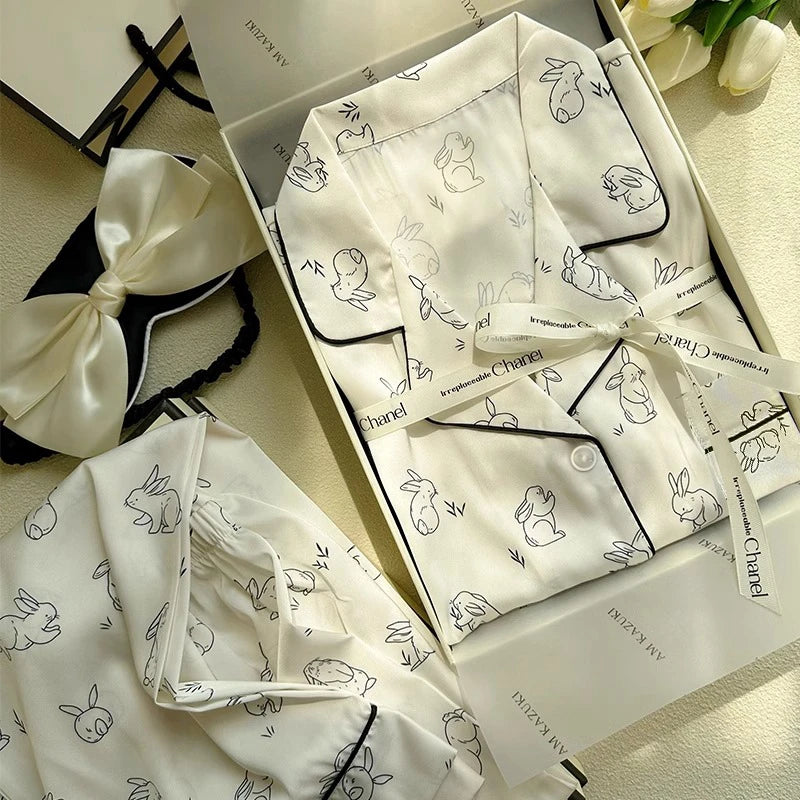 2026 Spring Autumn New Ice Silk 2 Pieces Pajamas for Women