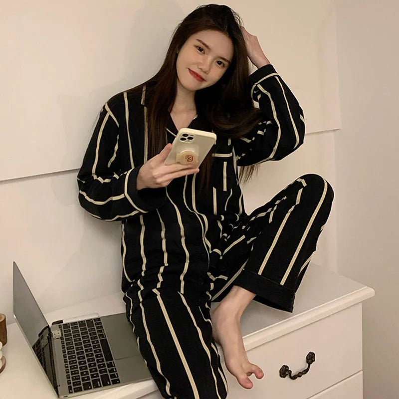 Light Luxury Ice Silk Pajamas Women's Pajama Spring Autumn Black Vertical Stripes Style Long Sleeve Home Nightwear Set