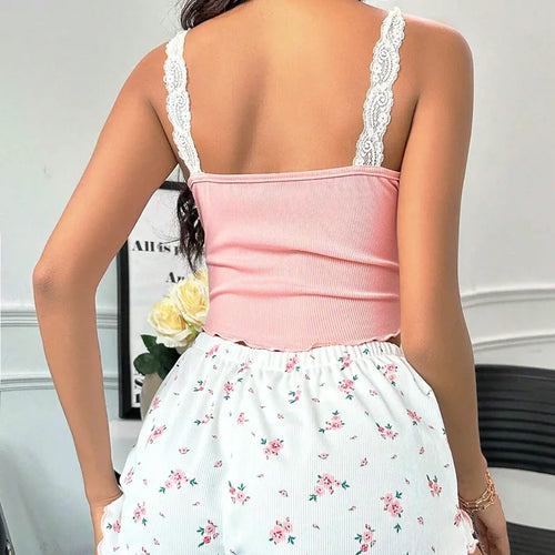 2025 women's sexy lace lace camisole vest shorts sleepwear women's slim fit two-piece home outfit new product pink coffee blue